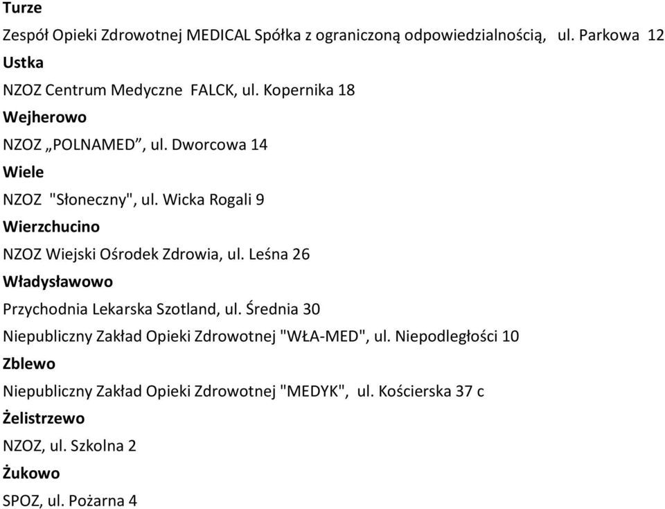 Wicka Rogali 9 Wierzchucino NZOZ Wiejski Ośrodek Zdrowia, ul. Leśna 26 Władysławowo Przychodnia Lekarska Szotland, ul.