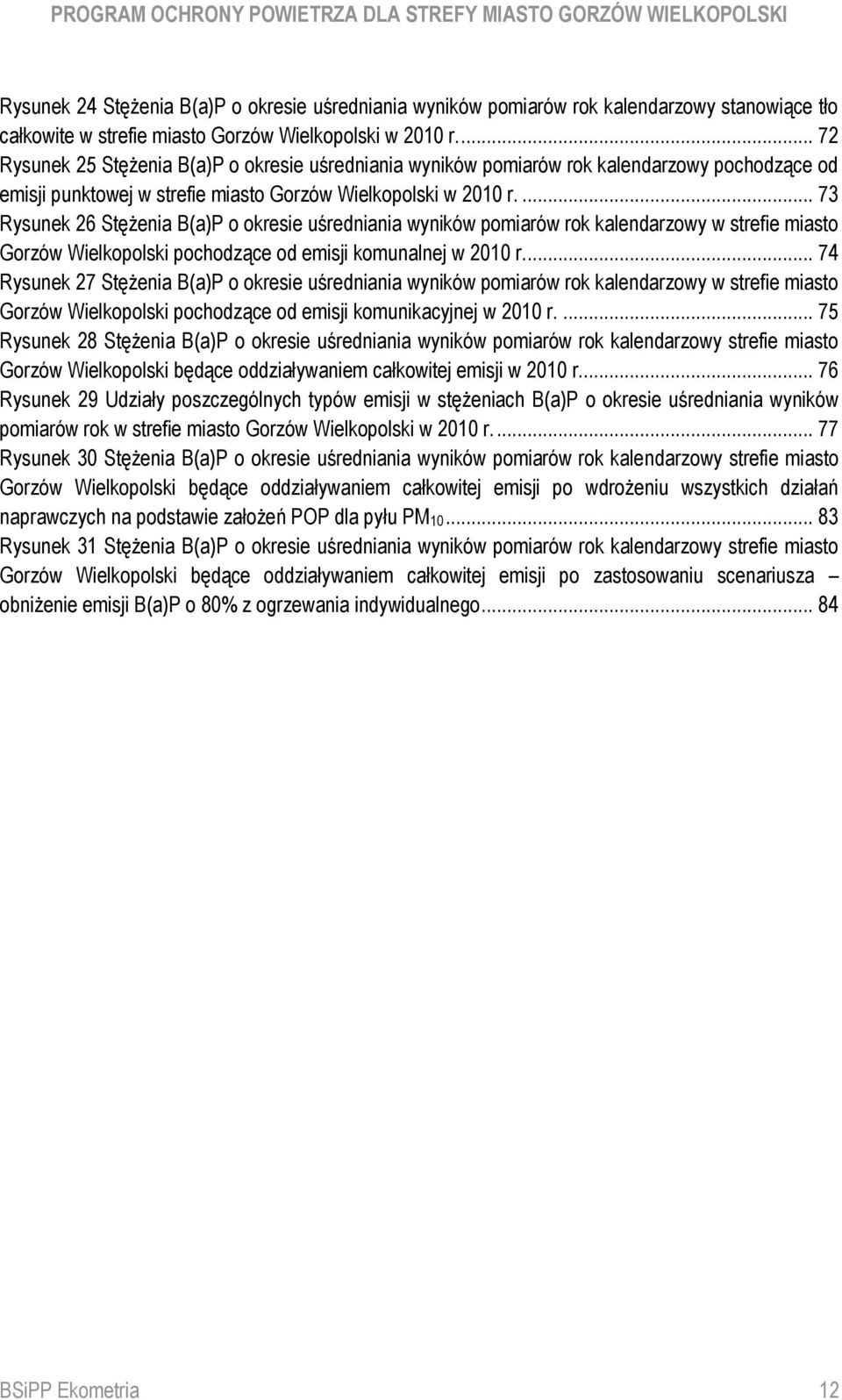 ... 73 Rysunek 26 Stężenia B(a)P o okresie uśredniania wyników pomiarów rok kalendarzowy w strefie miasto Gorzów Wielkopolski pochodzące od emisji komunalnej w 2010 r.