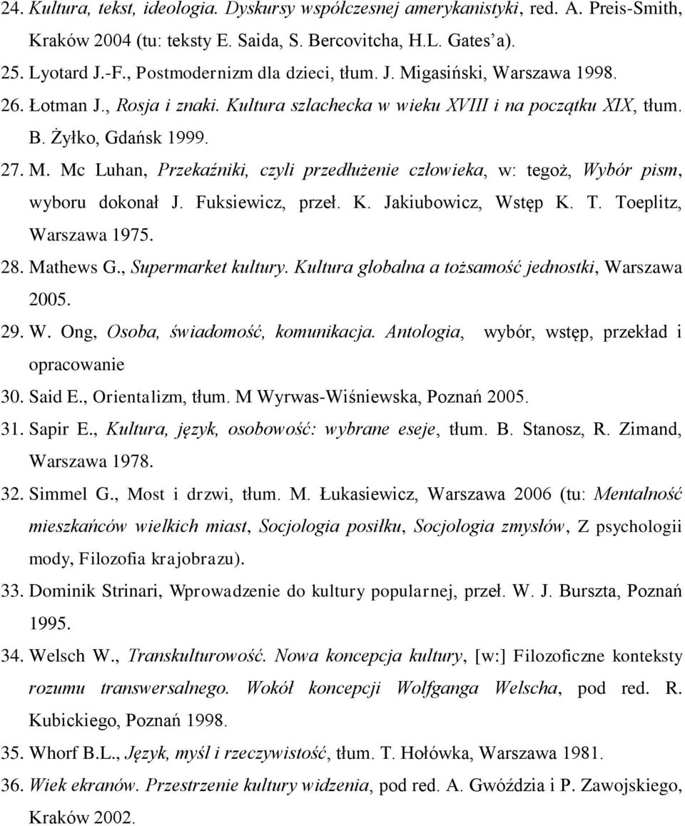 Fuksiewicz, przeł. K. Jakiubowicz, Wstęp K. T. Toeplitz, Warszawa 1975. 28. Mathews G., Supermarket kultury. Kultura globalna a tożsamość jednostki, Warszawa 2005. 29. W. Ong, Osoba, świadomość, komunikacja.