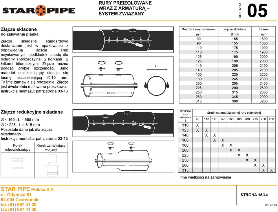 Instrukcja montażu: patrz strona 03-13 Złącze redukcyjne składane 160 : L = 555 > 225 : L = 615 Pozostałe dane jak dla złącza składanego.
