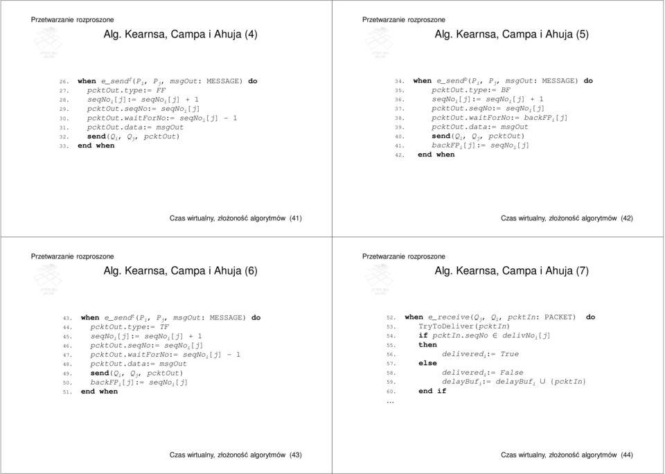 pcktout.seqno:= seqno i [j] 8. pcktout.waitforno:= backfp i [j] 9. pcktout.data:= msgout 40. send(q i, Q j, pcktout) 4. backfp i [j]:= seqno i [j] 42.