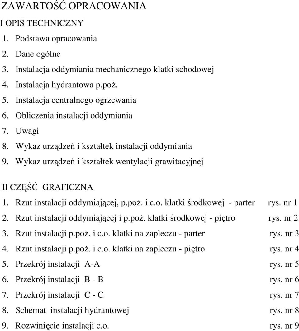 Wykaz urządzeń i kształtek wentylacji grawitacyjnej II CZĘŚĆ GRAFICZNA. Rzut instalacji oddymiającej, p.poż. i c.o. klatki środkowej - parter rys. nr 2. Rzut instalacji oddymiającej i p.poż. klatki środkowej - piętro rys.