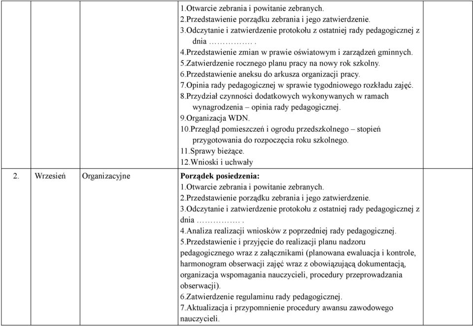 Opinia rady pedagogicznej w sprawie tygodniowego rozkładu zajęć. 8.Przydział czynności dodatkowych wykonywanych w ramach wynagrodzenia opinia rady pedagogicznej. 9.Organizacja WDN. 10.