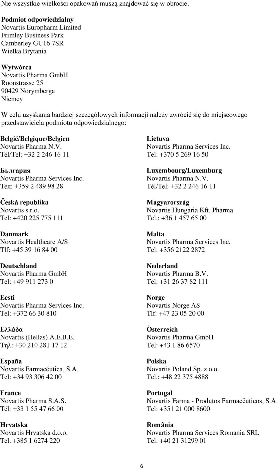 bardziej szczegółowych informacji należy zwrócić się do miejscowego przedstawiciela podmiotu odpowiedzialnego: België/Belgique/Belgien Novartis Pharma N.V.