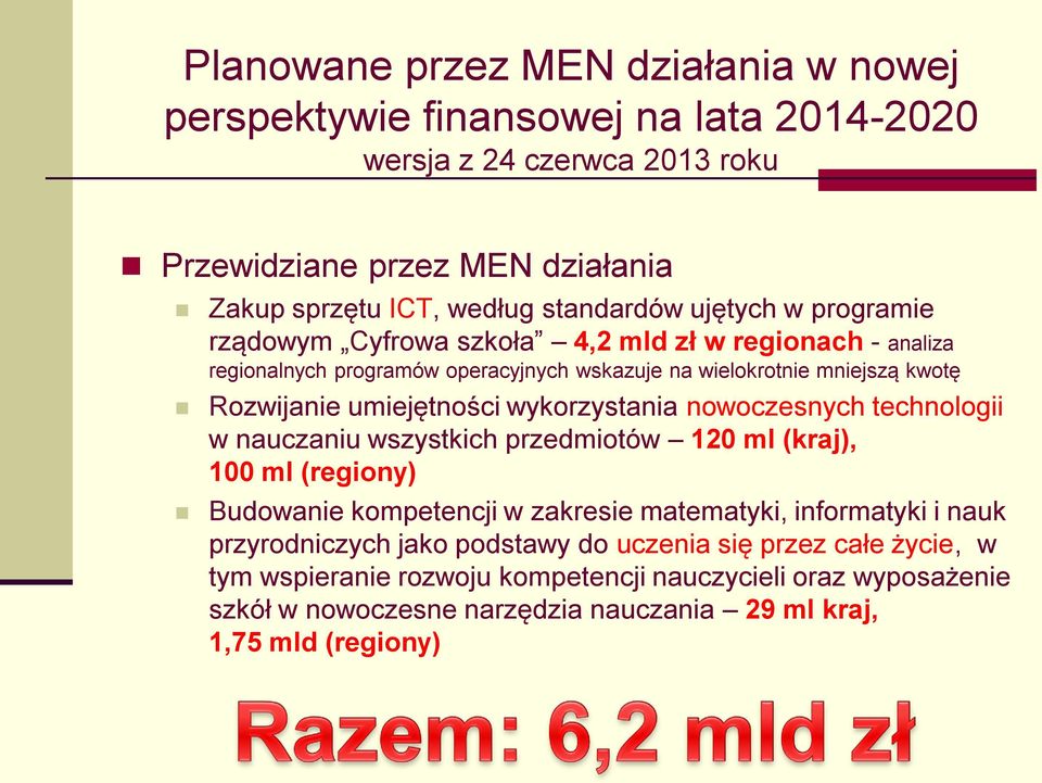 wykorzystania nowoczesnych technologii w nauczaniu wszystkich przedmiotów 120 ml (kraj), 100 ml (regiony) Budowanie kompetencji w zakresie matematyki, informatyki i nauk