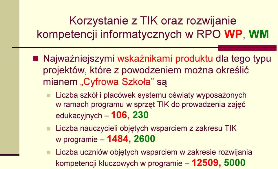 ramach programu w sprzęt TIK do prowadzenia zajęć edukacyjnych 106, 230 Liczba nauczycieli objętych wsparciem z zakresu TIK w