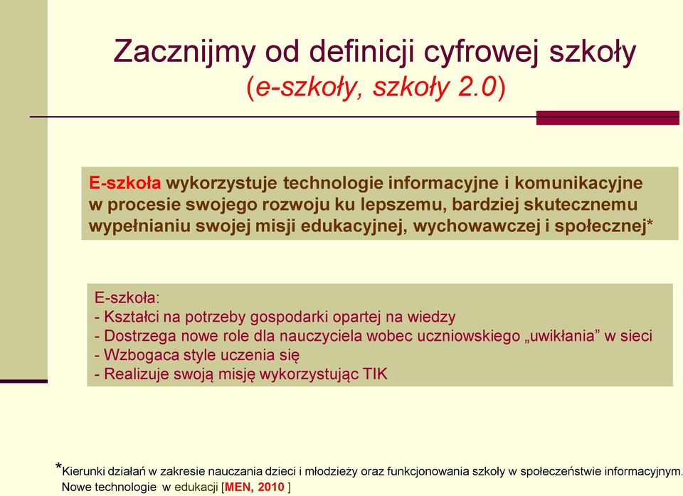 edukacyjnej, wychowawczej i społecznej* E-szkoła: - Kształci na potrzeby gospodarki opartej na wiedzy - Dostrzega nowe role dla nauczyciela wobec