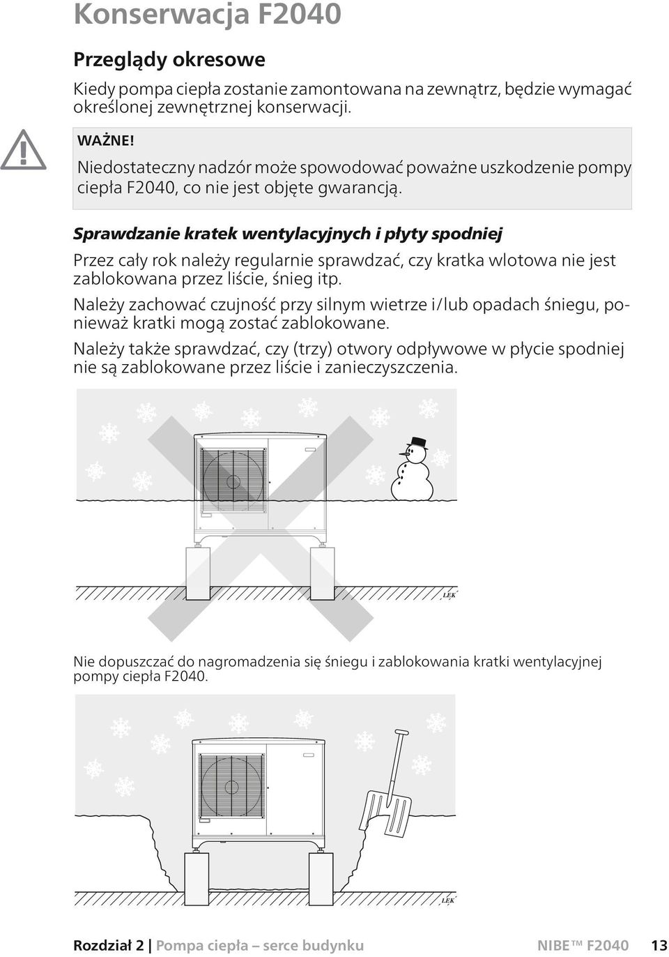 Sprawdzanie kratek wentylacyjnych i płyty spodniej Przez cały rok należy regularnie sprawdzać, czy kratka wlotowa nie jest zablokowana przez liście, śnieg itp.