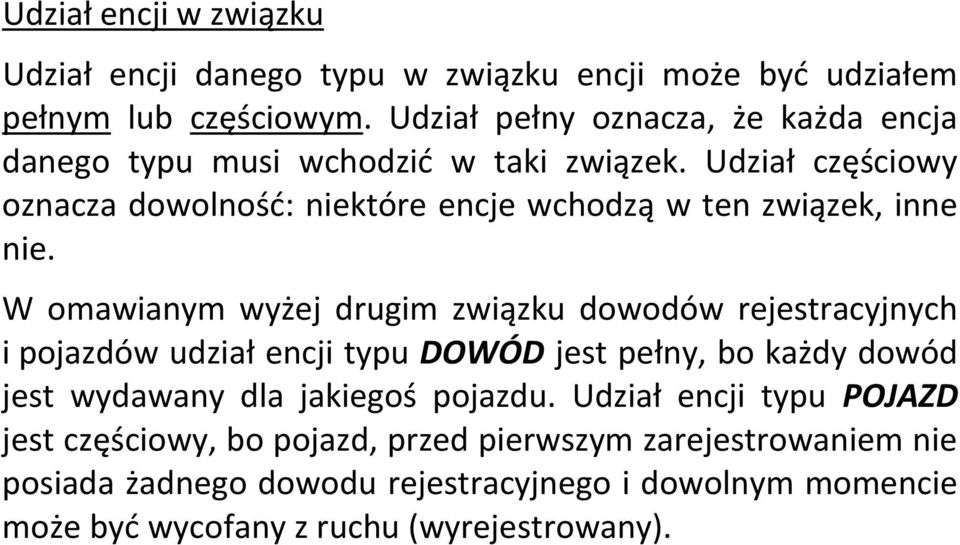 Udział częściowy oznacza dowolność: niektóre encje wchodzą w ten związek, inne nie.