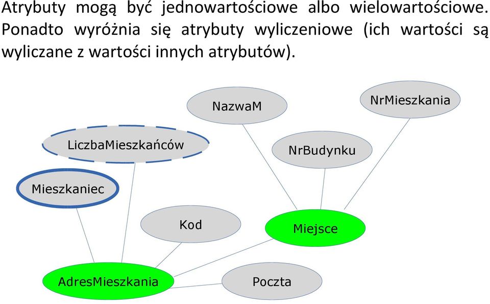 wyliczane z wartości innych atrybutów).