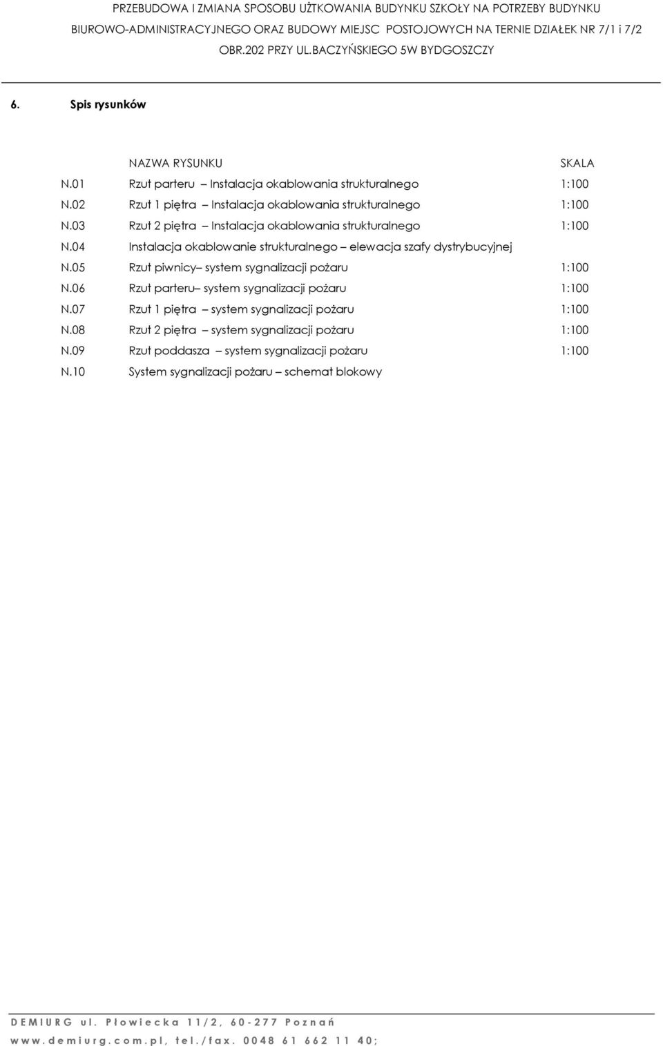 04 Instalacja okablowanie strukturalnego elewacja szafy dystrybucyjnej N.05 Rzut piwnicy system sygnalizacji pożaru 1:100 N.