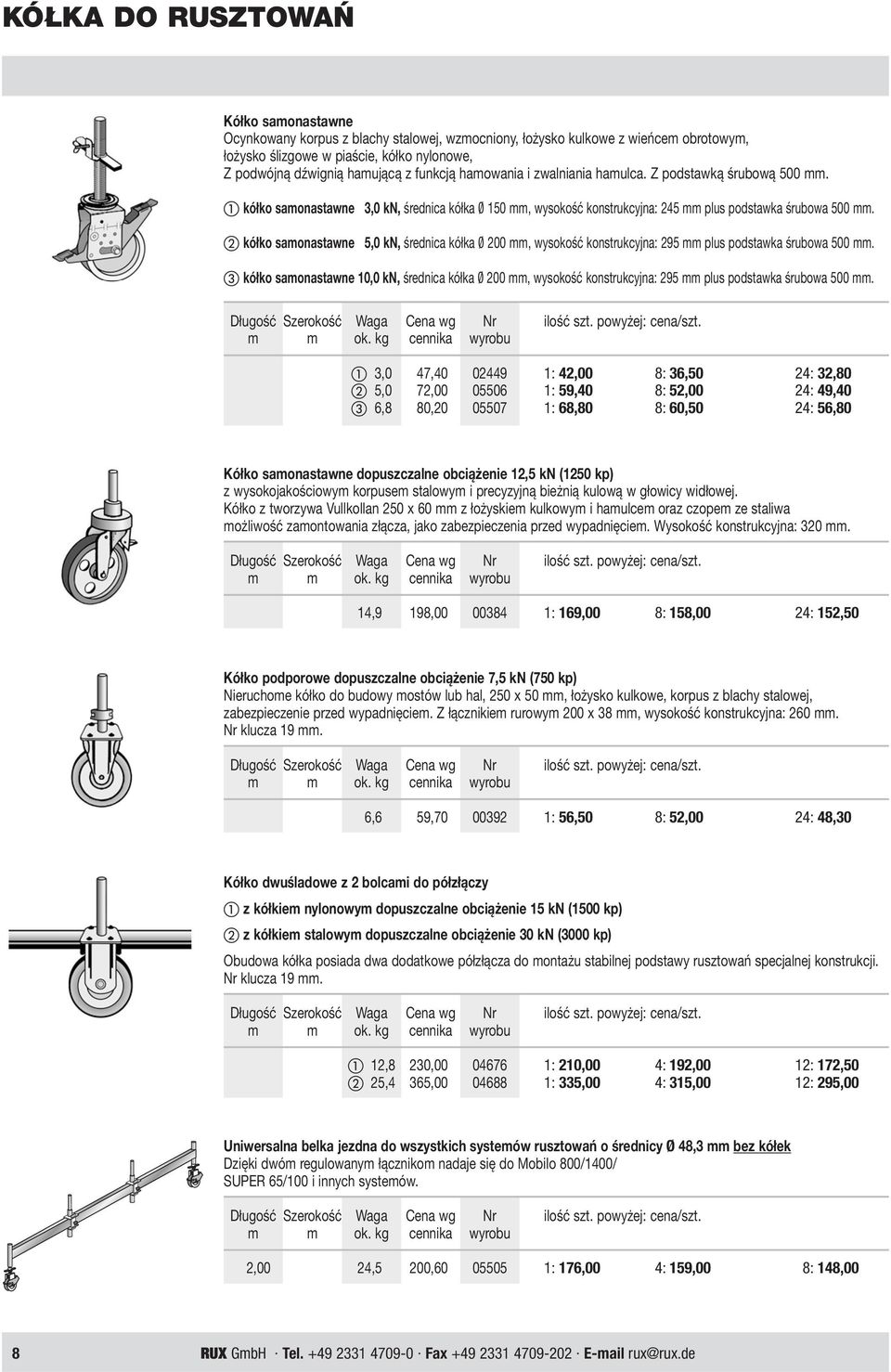 kółko samonastawne 5,0 kn, średnica kółka Ø 200 mm, wysokość konstrukcyjna: 295 mm plus podstawka śrubowa 500 mm.