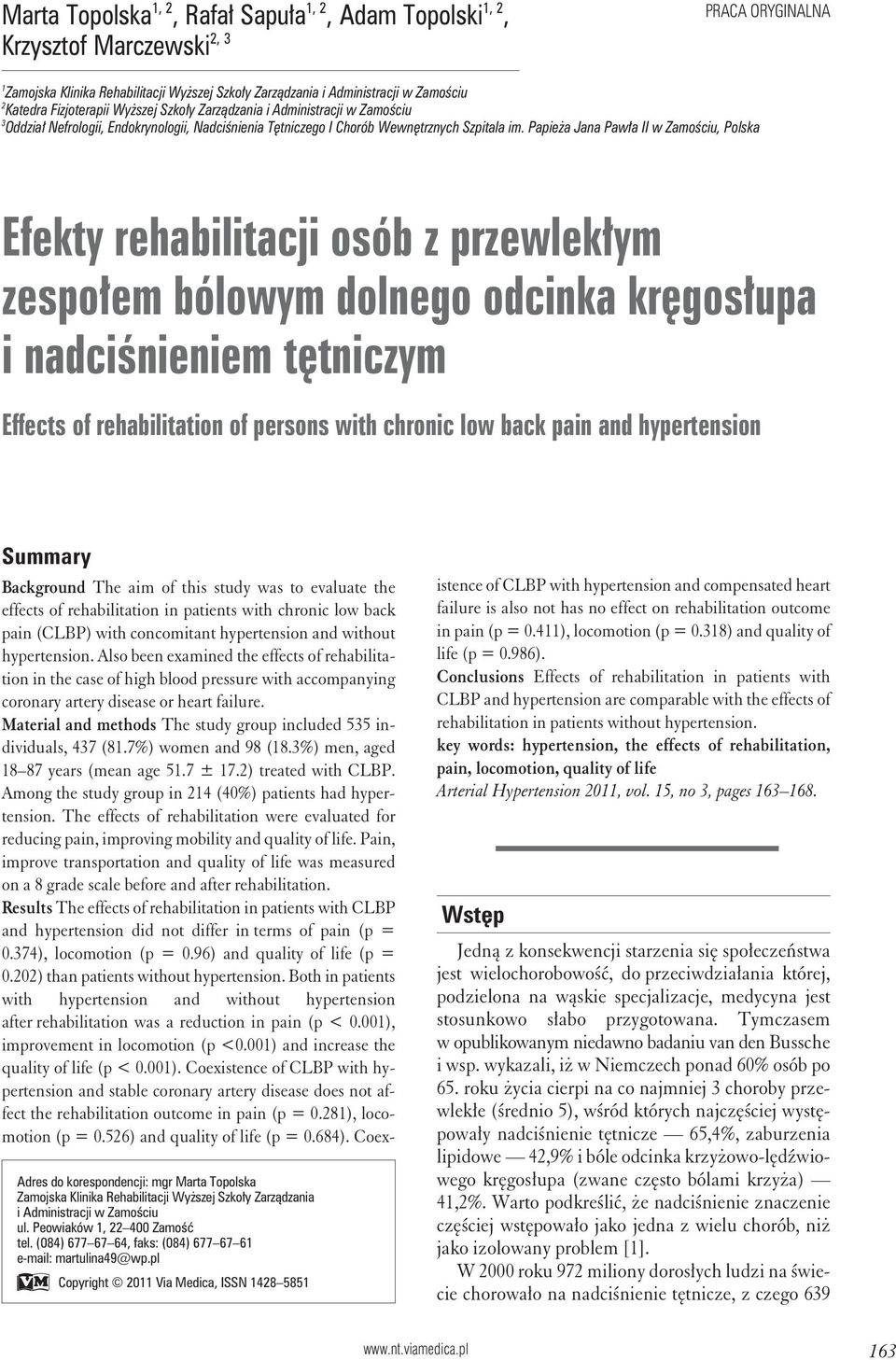 Papieża Jana Pawła II w Zamościu, Polska Efekty rehabilitacji osób z przewlekłym zespołem bólowym dolnego odcinka kręgosłupa i nadciśnieniem tętniczym Effects of rehabilitation of persons with