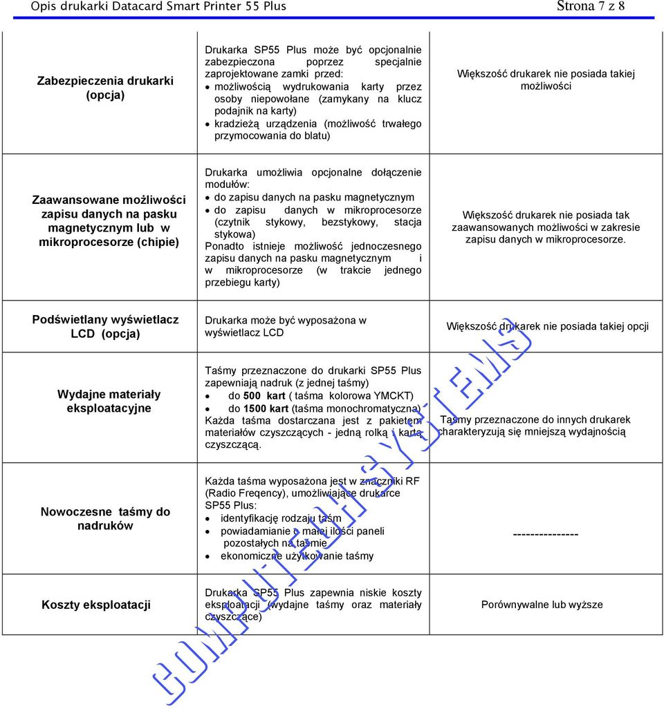 możliwości Zaawansowane możliwości zapisu danych na pasku magnetycznym lub w mikroprocesorze (chipie) Drukarka umożliwia opcjonalne dołączenie modułów: do zapisu danych na pasku magnetycznym do