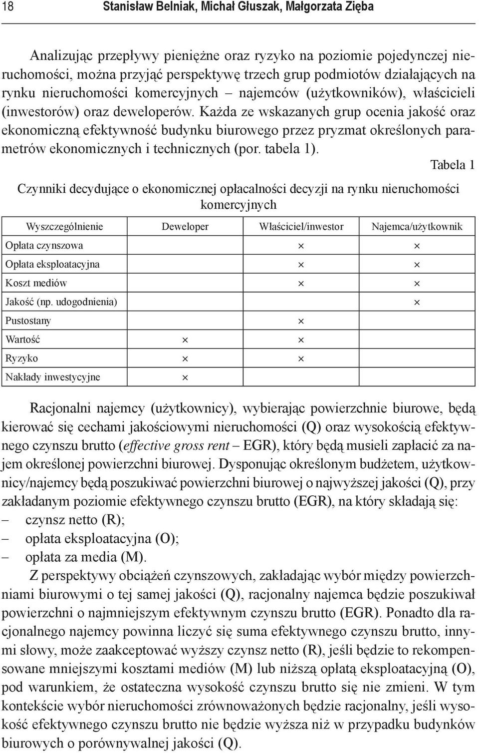 Każda ze wskazanych grup ocenia jakość oraz ekonomiczną efektywność budynku biurowego przez pryzmat określonych parametrów ekonomicznych i technicznych (por. tabela 1).