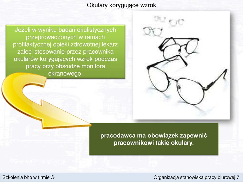 korygujących wzrok podczas pracy przy obsłudze monitora ekranowego, pracodawca ma