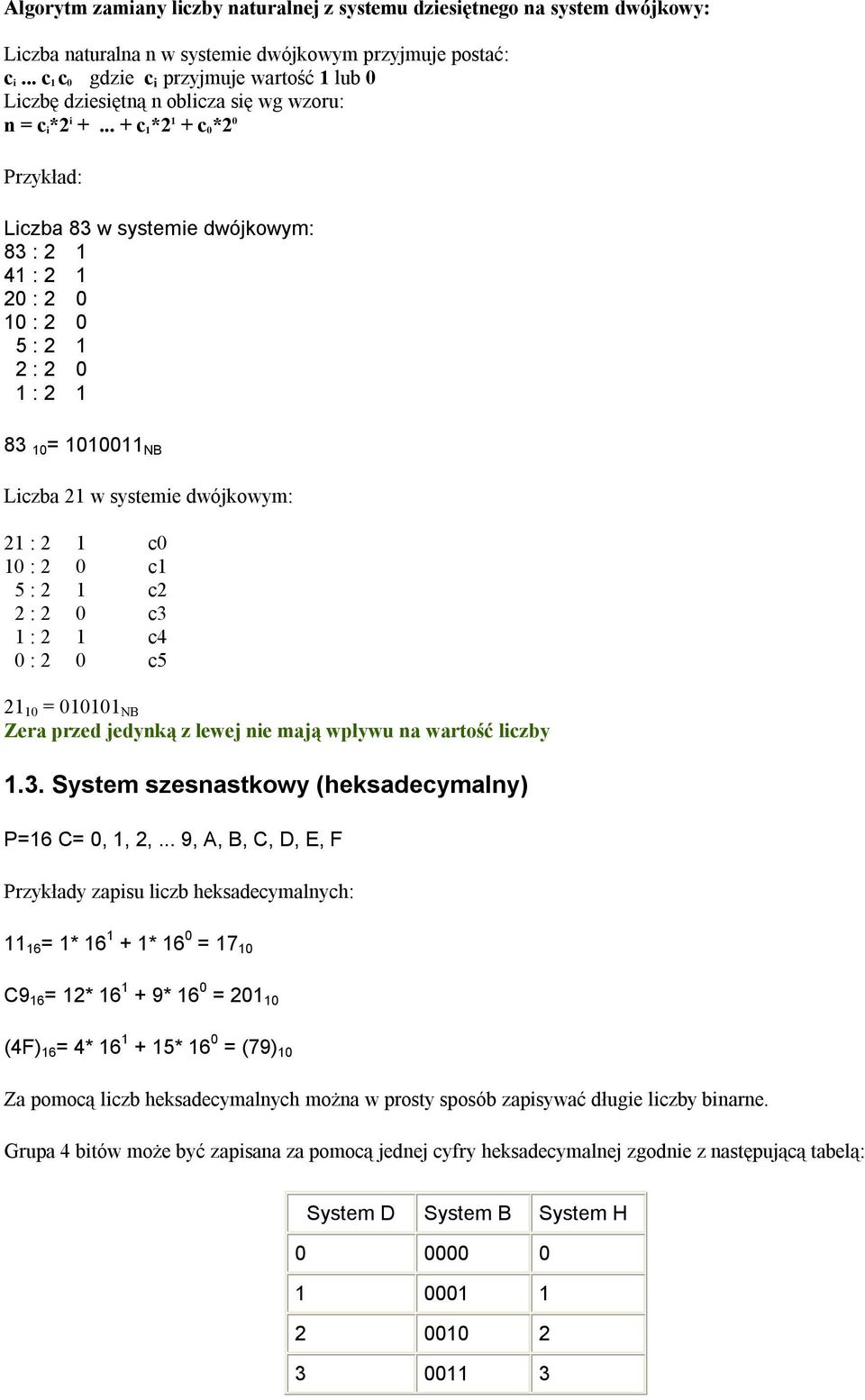 .. + c 1*2 1 + c 0*2 0 Liczba 83 w systemie dwójkowym: 83 : 2 1 41 : 2 1 20 : 2 0 10 : 2 0 5 : 2 1 2 : 2 0 1 : 2 1 83 10 = 1010011 NB Liczba 21 w systemie dwójkowym: 21 : 2 1 c0 10 : 2 0 c1 5 : 2 1