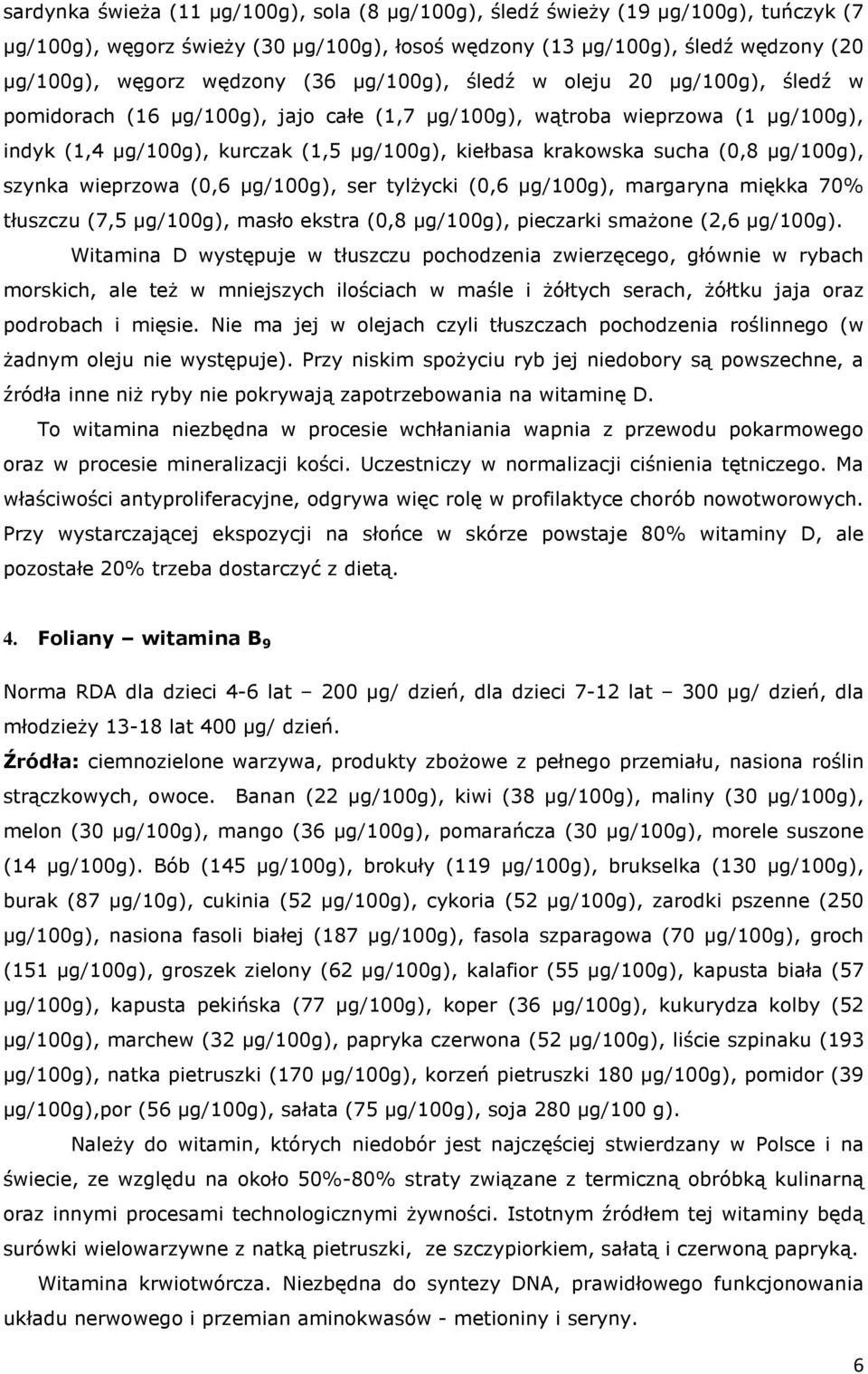 µg/100g), szynka wieprzowa (0,6 µg/100g), ser tylżycki (0,6 µg/100g), margaryna miękka 70% tłuszczu (7,5 µg/100g), masło ekstra (0,8 µg/100g), pieczarki smażone (2,6 µg/100g).