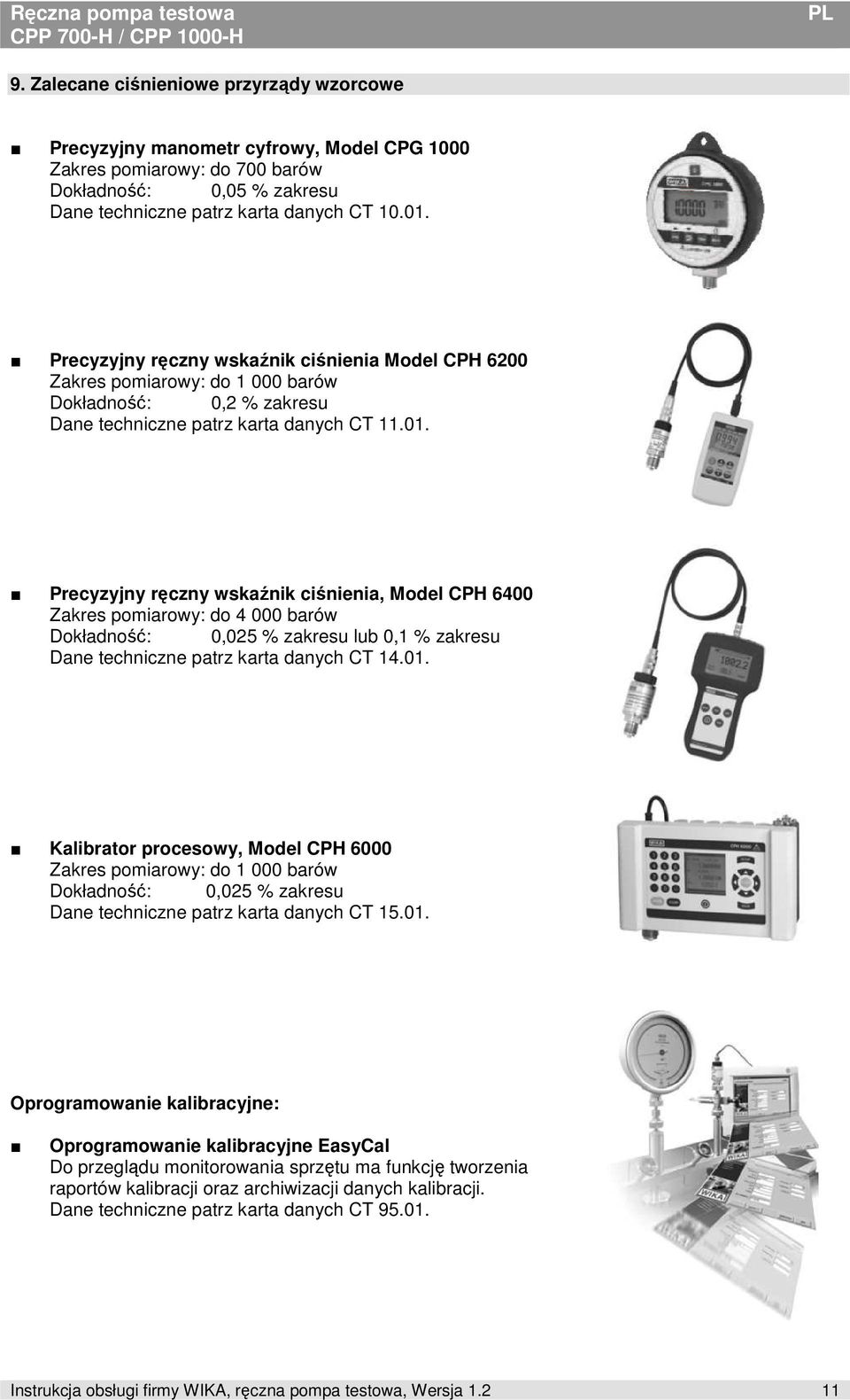 Precyzyjny ręczny wskaźnik ciśnienia, Model CPH 6400 Zakres pomiarowy: do 4 000 barów Dokładność: 0,025 % zakresu lub 0,1 % zakresu Dane techniczne patrz karta danych CT 14.01.