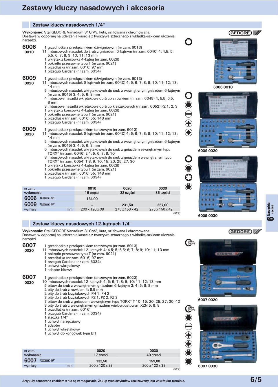 6006 0010 6009 0020 6009 0030 Zestaw kluczy nasadowych 1/4" 1 grzechotka z przełącznikiem dźwigniowym (nr 6013) 11 imbusowych nasadek do śrub z gniazdem 6-kątnym (nr 6040) 4; 4,5; 5; 5,5; 6; 7; 8; 9;