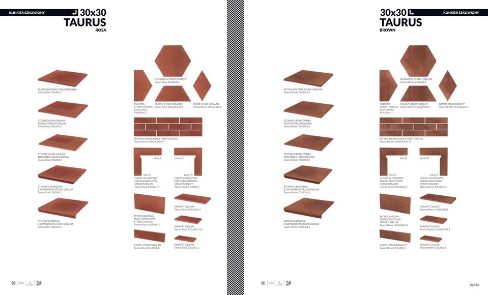 Rosa 6,58x24,5x0,74 PŁYTKA ELEWACYJNA Taurus Brown 6,58x24,5x0,74 NAROŻNA Taurus Rosa x1,1 NAROŻNA Taurus Brown x1,1 STOPNICA NAROŻNA Taurus Rosa 33x33x1,1 Taurus Rosa 8,1x30x1,1 Taurus Rosa