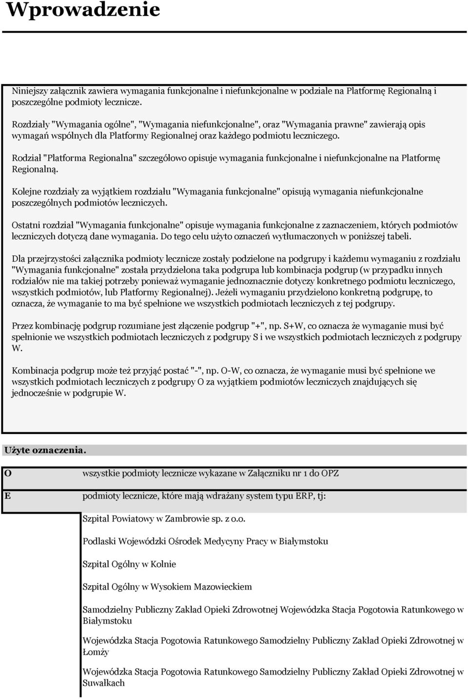 Rodział "Platforma Regionalna" szczegółowo opisuje wymagania funkcjonalne i niefunkcjonalne na Platformę Regionalną.