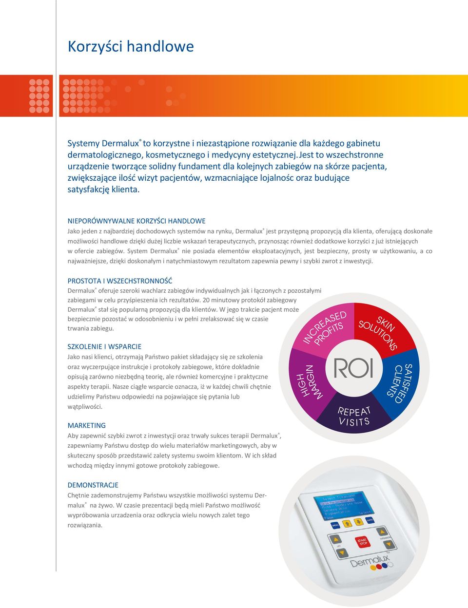 NIEPORÓWNYWALNE KORZYŚCI HANDLOWE Jako jeden z najbardziej dochodowych systemów na rynku, Dermalux jest przystępną propozycją dla klienta, oferującą doskonałe możliwości handlowe dzięki dużej liczbie