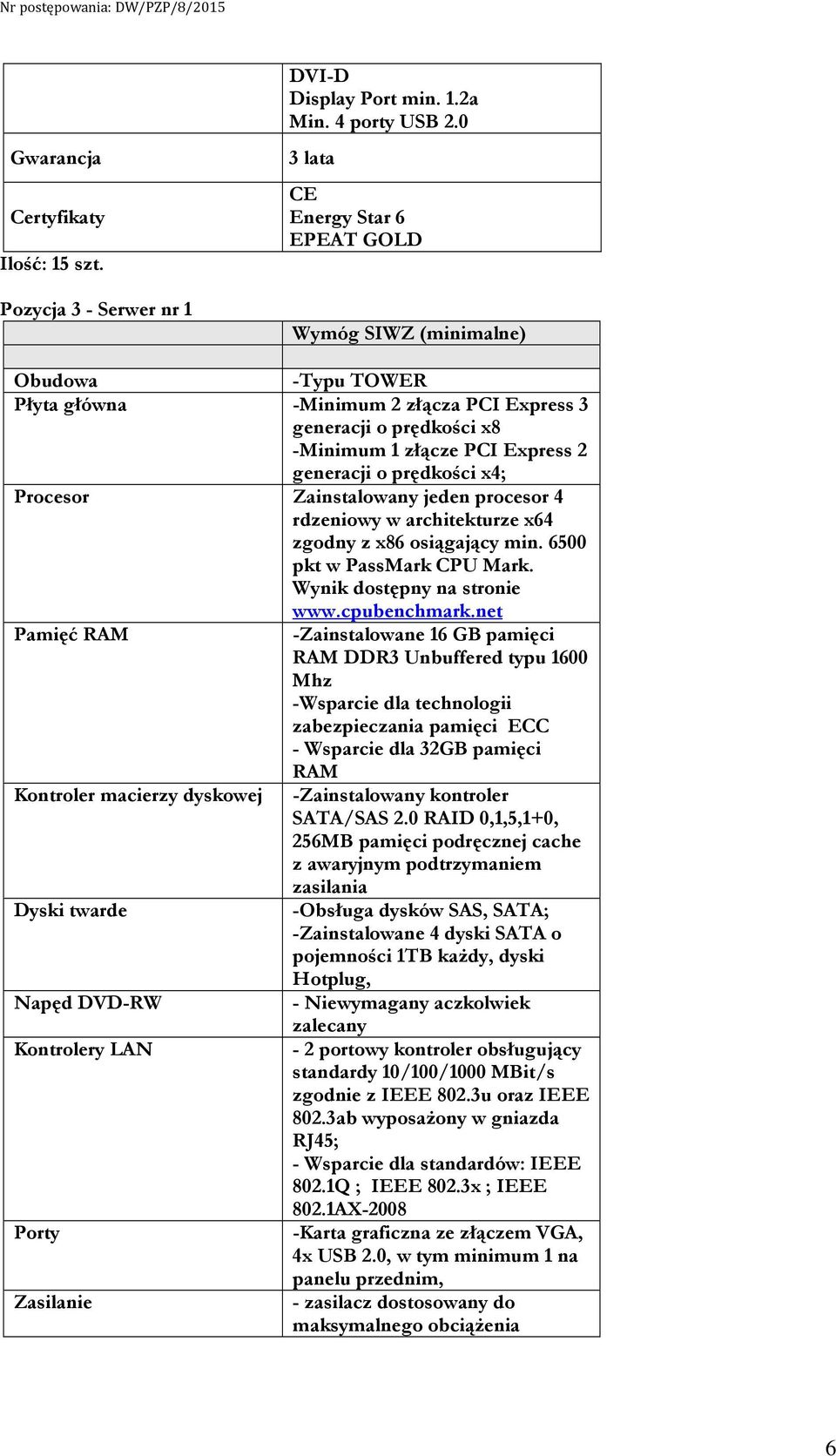 prędkości x4; Procesor Zainstalowany jeden procesor 4 rdzeniowy w architekturze x64 zgodny z x86 osiągający min. 6500 pkt w PassMark CPU Mark. Wynik dostępny na stronie www.cpubenchmark.