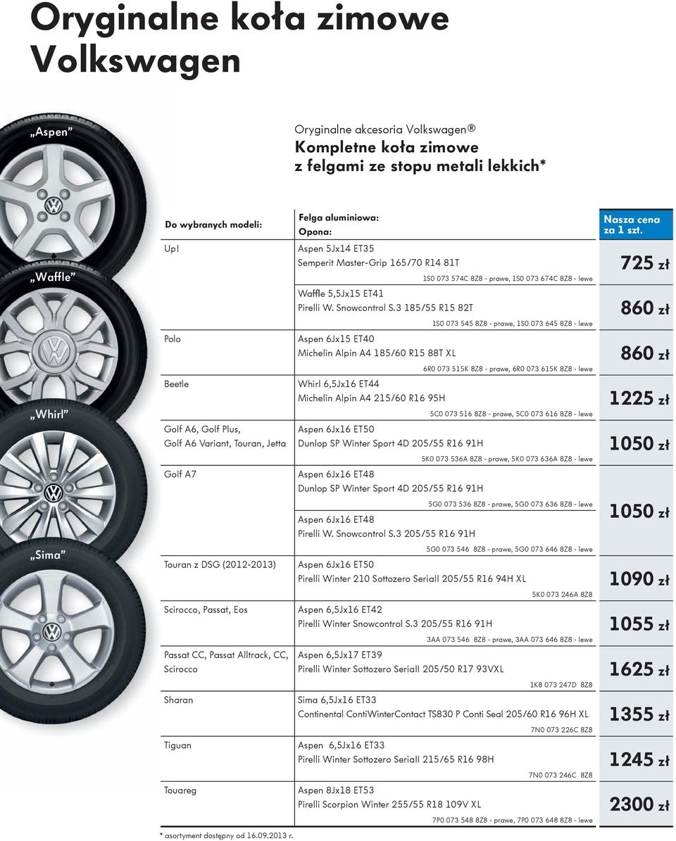 3 185/55 R15 82T 860 zł 1S0 073 545 8Z8 - prawe, 1S0 073 645 8Z8 - lewe Polo Aspen 6Jx15 ET40 Michelin Alpin A4 185/60 R15 88T XL 6R0 073 515K 8Z8 - prawe, 6R0 073 615K 8Z8 - lewe 860 zł Whirl Beetle