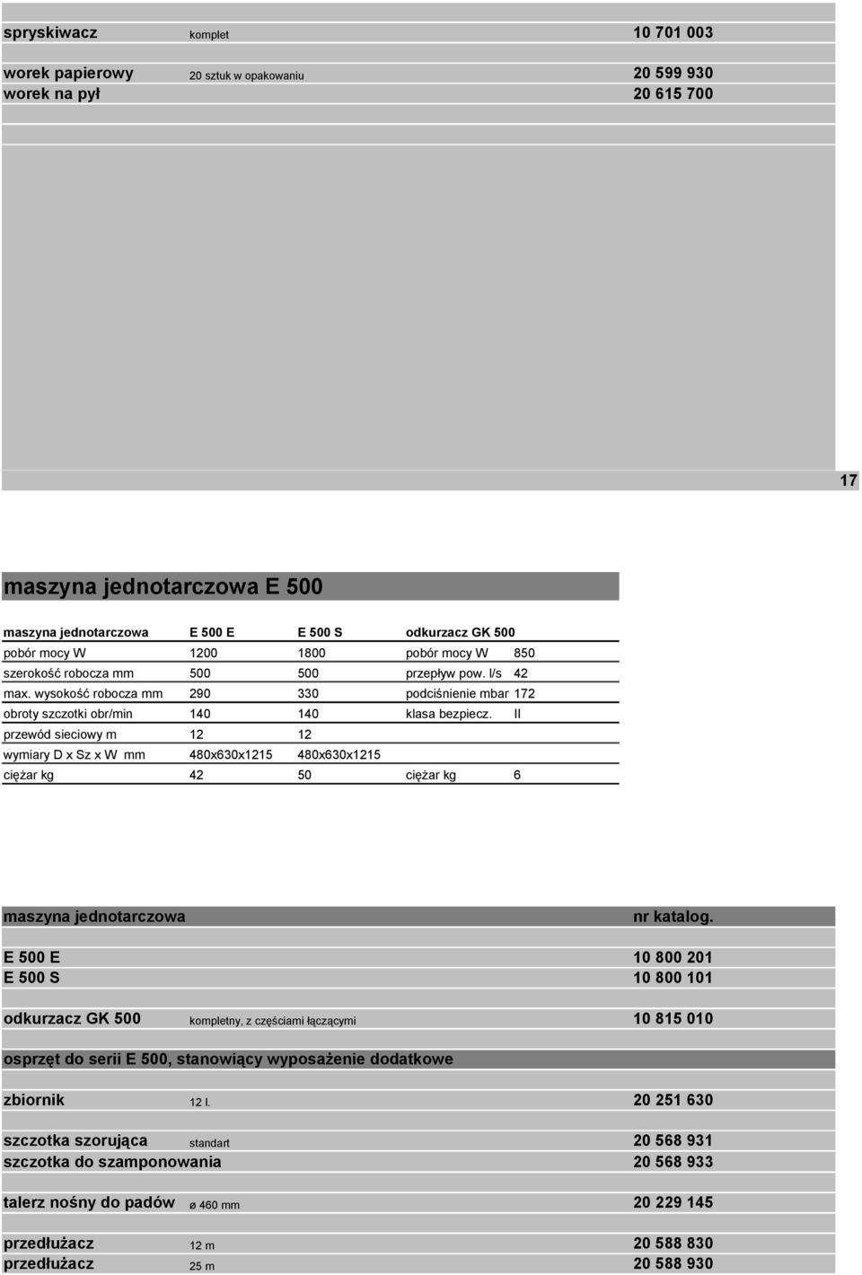 480x630x15 480x630x15 42 50 6 850 maszyna jednotarczowa E 500 E E 500 S 10 800 201 10 800 101 odkurzacz GK 500 kompletny, z częściami łączącymi 10 815 010 osprzęt do serii E 500,
