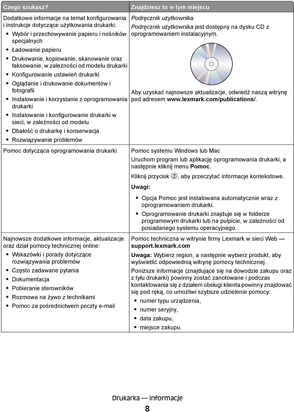 Drukowanie, kopiowanie, skanowanie oraz faksowanie, w zależności od modelu drukarki Konfigurowanie ustawień drukarki Oglądanie i drukowanie dokumentów i fotografii Instalowanie i korzystanie z