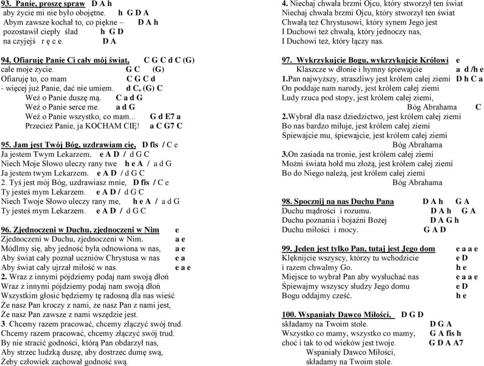 a d G Weź o Panie wszystko, co mam... G d E7 a Przecież Panie, ja KOCHAM CIĘ! a C G7 C 95. Jam jest Twój Bóg, uzdrawiam cię, D fis / C e Ja jestem Twym Lekarzem.