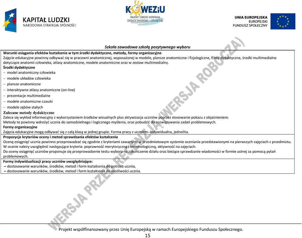 Środki dydaktyczne model anatomiczny człowieka modele układów człowieka plansze anatomiczne interaktywne atlasy anatomiczne (on-line) prezentacje multimedialne modele anatomiczne czaszki modele zębów