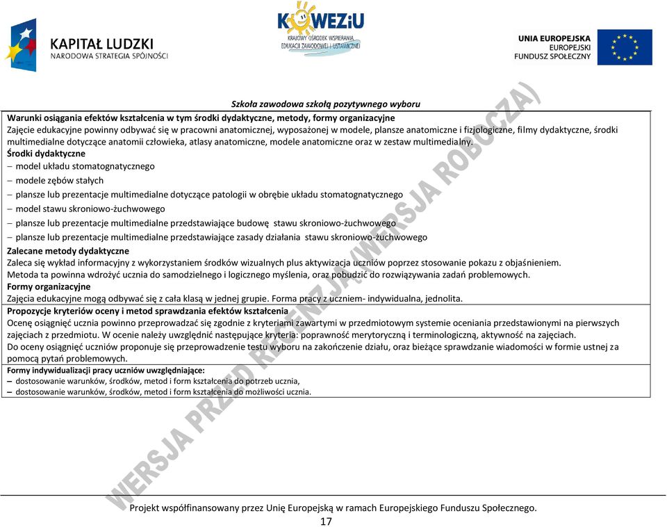 Środki dydaktyczne model układu stomatognatycznego modele zębów stałych plansze lub prezentacje multimedialne dotyczące patologii w obrębie układu stomatognatycznego model stawu skroniowo-żuchwowego