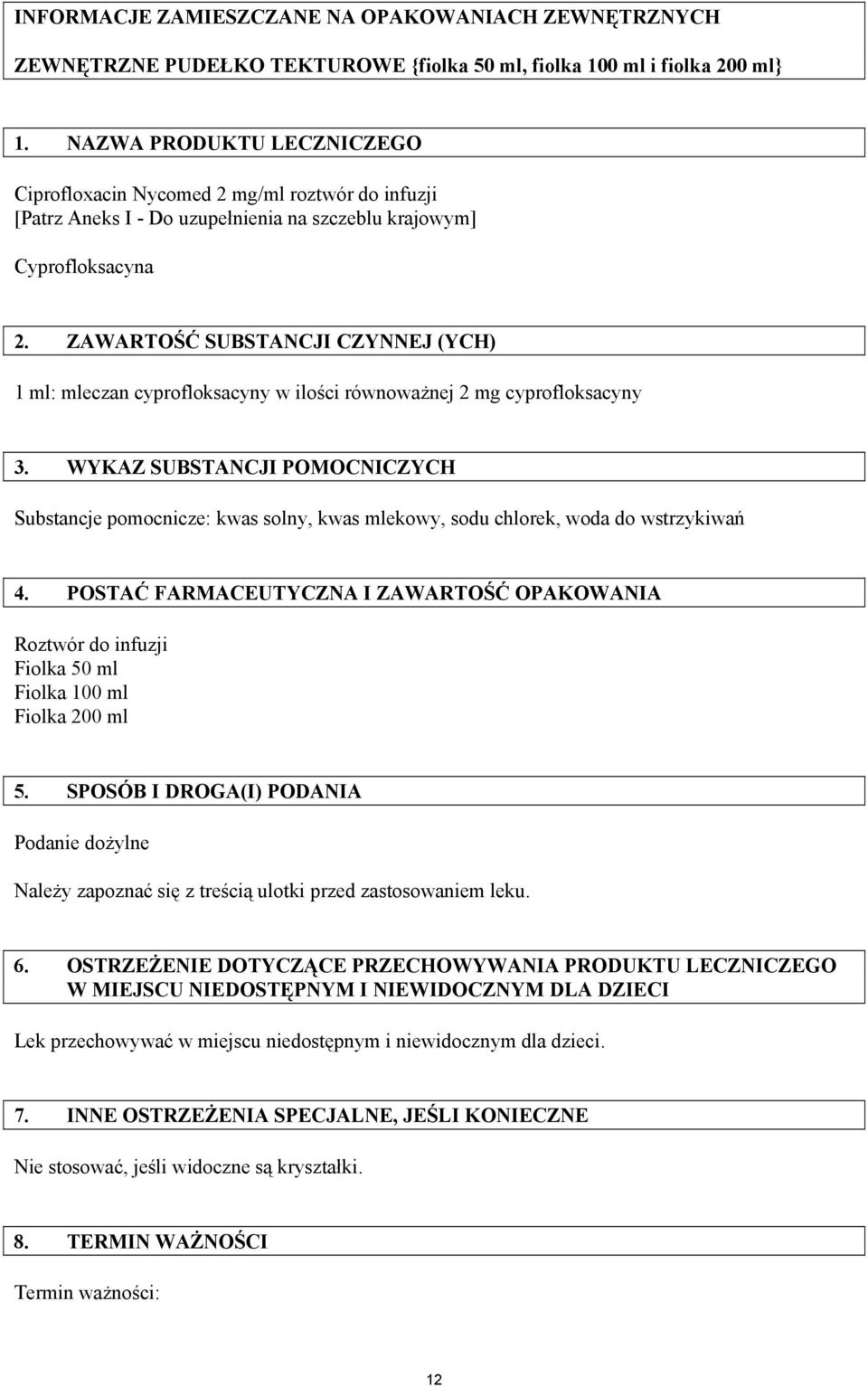 ZAWARTOŚĆ SUBSTANCJI CZYNNEJ (YCH) 1 ml: mleczan cyprofloksacyny w ilości równoważnej 2 mg cyprofloksacyny 3.