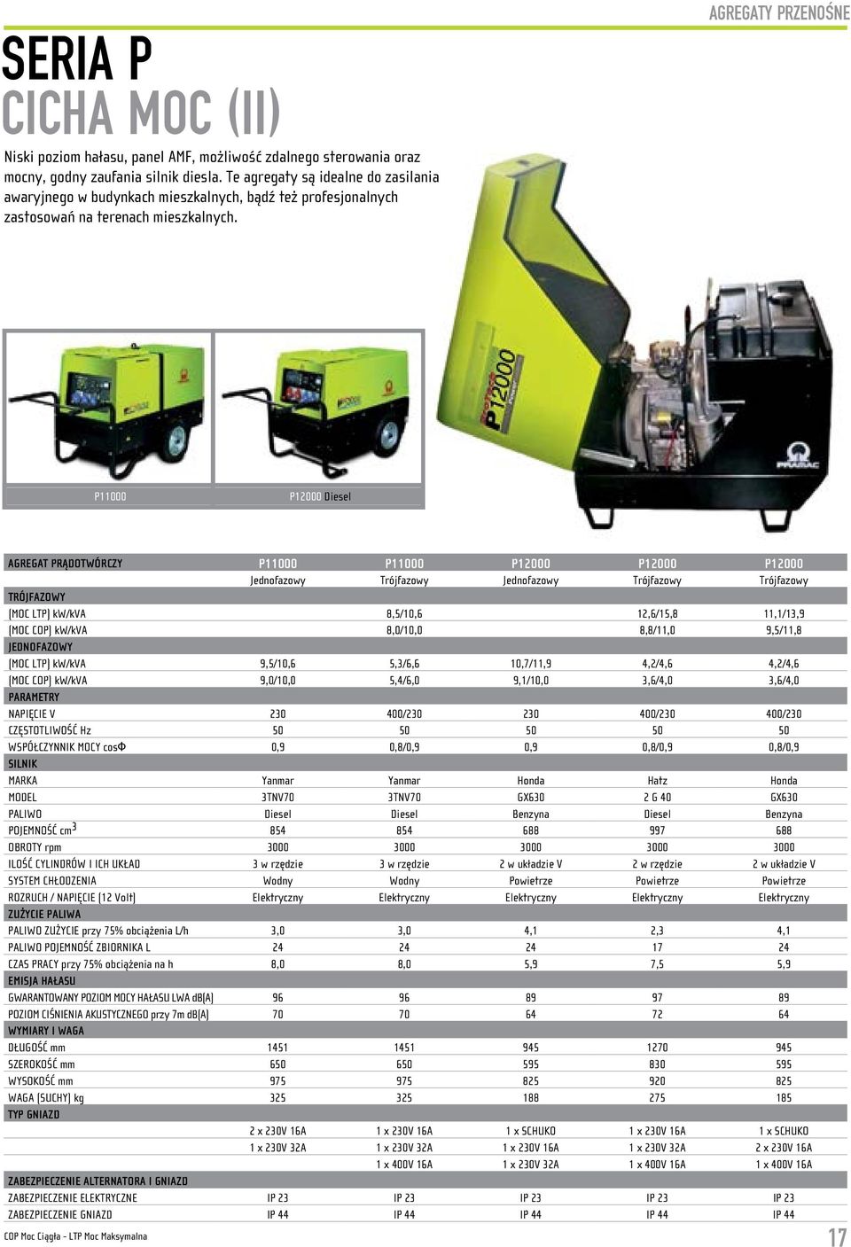 P11000 P12000 Diesel AGREGAT PRĄDOTWÓRCZY P11000 P11000 P12000 P12000 P12000 Jednofazowy Trójfazowy Jednofazowy Trójfazowy Trójfazowy TRÓJAZOWY (MOC LTP) kw/kva 8,5/10,6 12,6/15,8 11,1/13,9 (MOC COP)