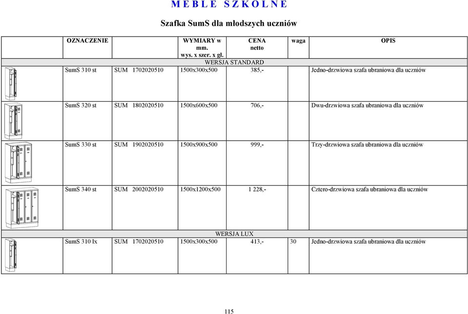 ubraniowa dla uczniów waga SumS 320 st SUM 1802020510 1500x600x500 706,- Dwu-drzwiowa szafa ubraniowa dla uczniów SumS 330 st SUM 1902020510