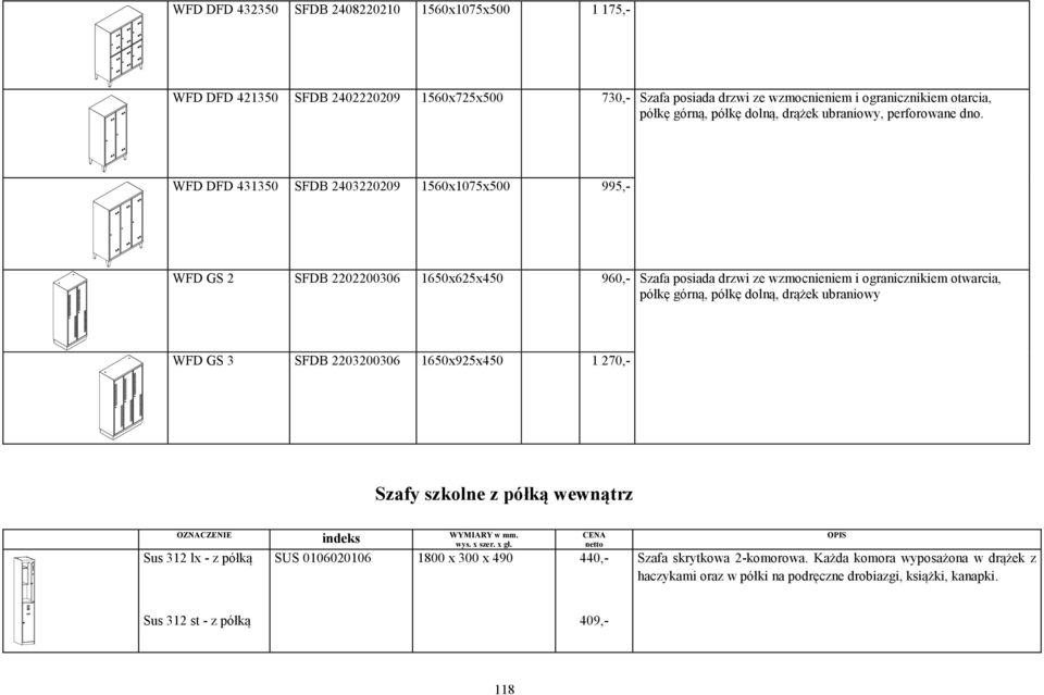 WFD DFD 431350 SFDB 2403220209 1560x1075x500 995,- WFD GS 2 SFDB 2202200306 1650x625x450 960,- Szafa posiada drzwi ze wzmocnieniem i ogranicznikiem otwarcia, półk górn, półk doln,