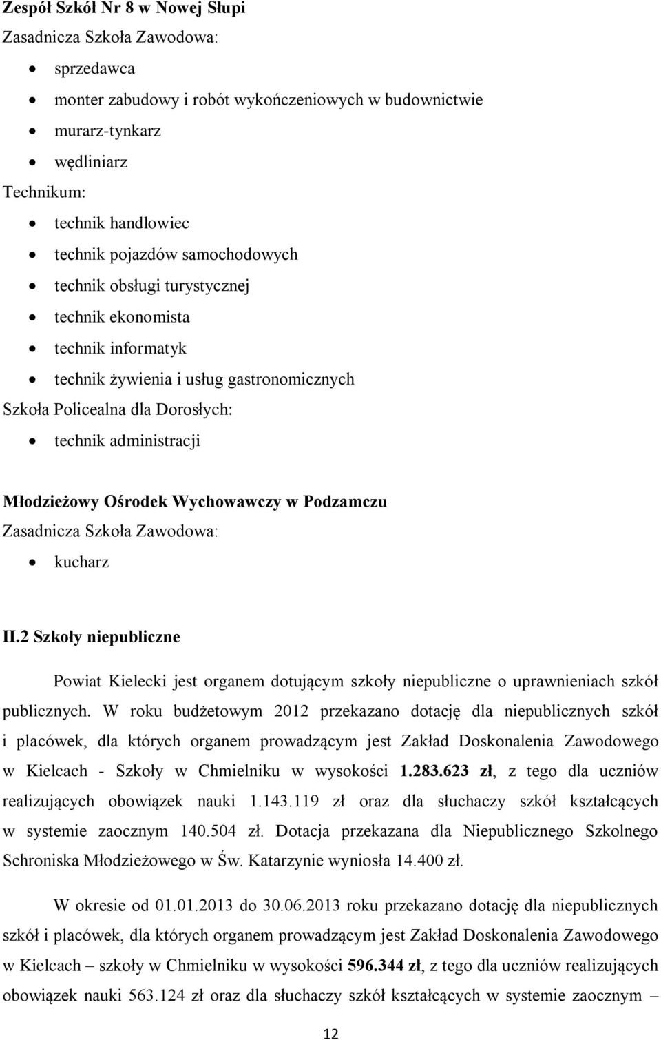 Wychowawczy w Podzamczu Zasadnicza Szkoła Zawodowa: kucharz II.2 Szkoły niepubliczne Powiat Kielecki jest organem dotującym szkoły niepubliczne o uprawnieniach szkół publicznych.