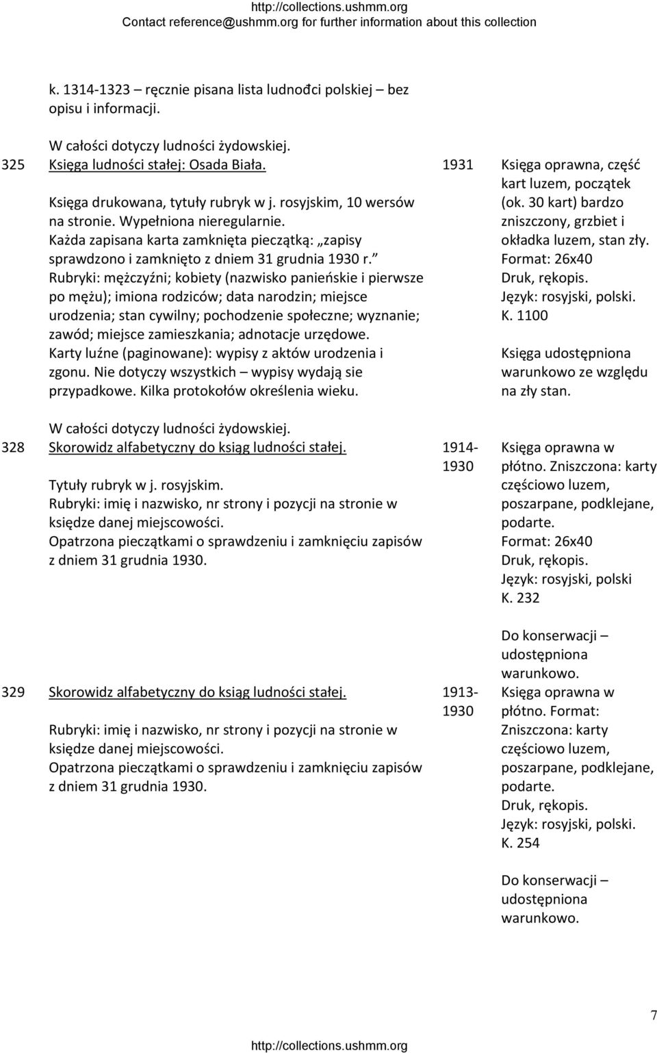 Rubryki: mężczyźni; kobiety (nazwisko panieńskie i pierwsze po mężu); imiona rodziców; data narodzin; miejsce urodzenia; stan cywilny; pochodzenie społeczne; wyznanie; zawód; miejsce zamieszkania;