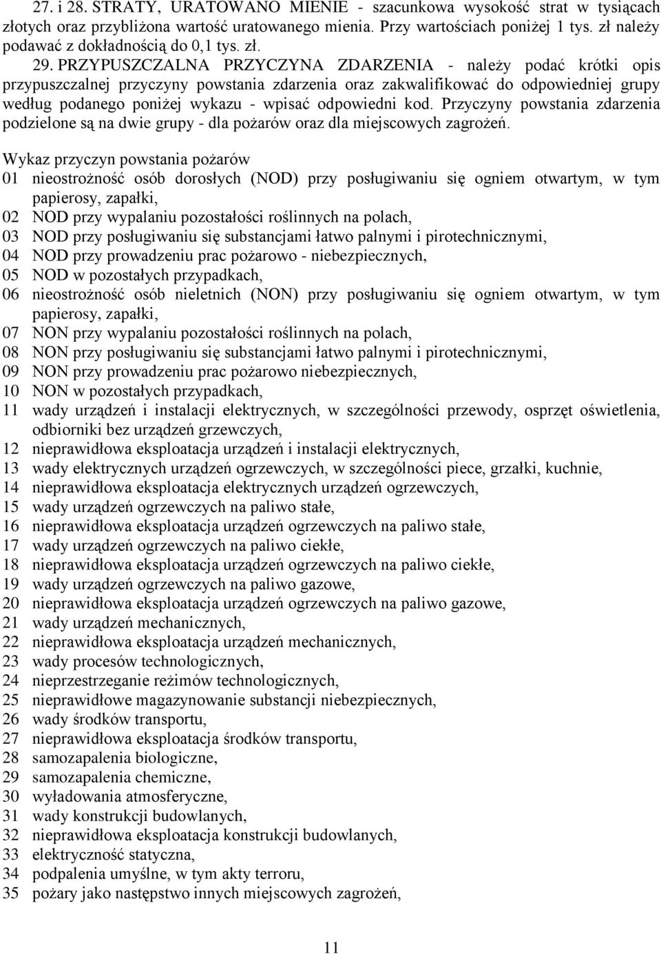 PRZYPUSZCZALNA PRZYCZYNA ZDARZENIA - należy podać krótki opis przypuszczalnej przyczyny powstania zdarzenia oraz zakwalifikować do odpowiedniej grupy według podanego poniżej wykazu - wpisać