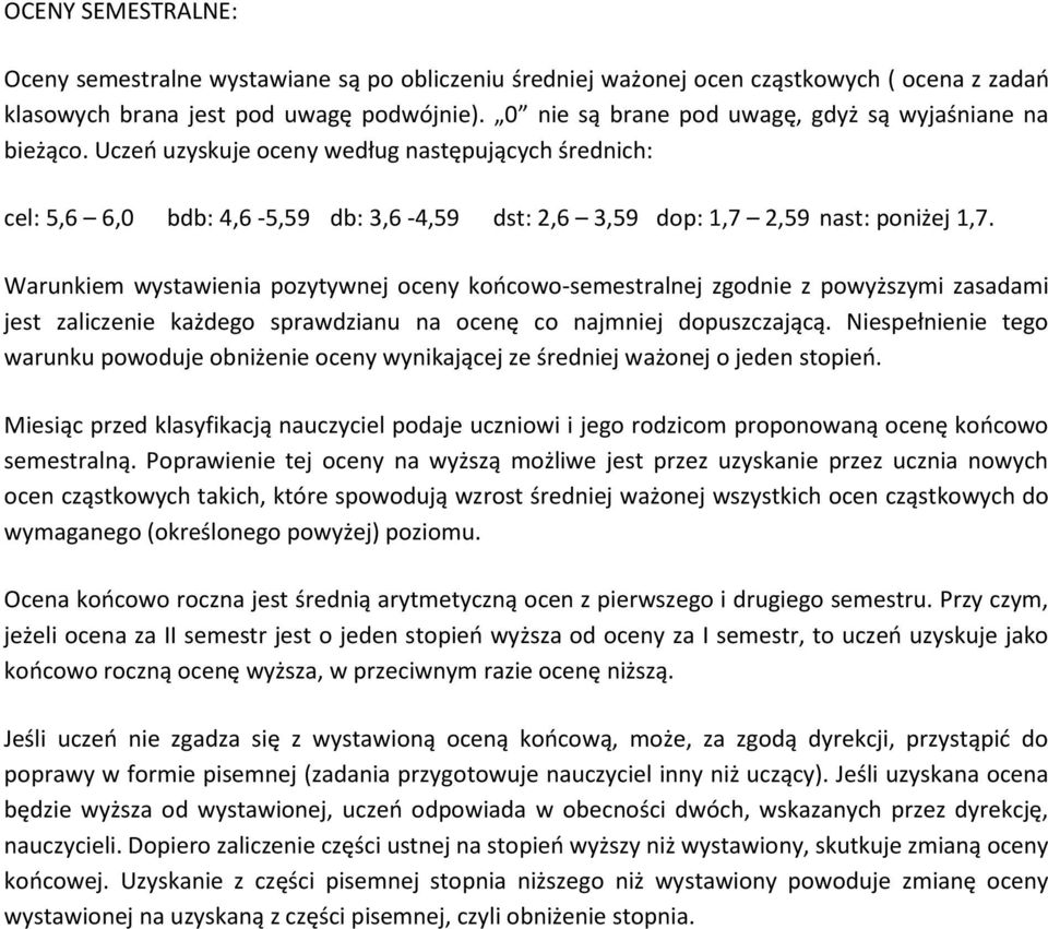 Warunkiem wystawienia pozytywnej oceny koocowo-semestralnej zgodnie z powyższymi zasadami jest zaliczenie każdego sprawdzianu na ocenę co najmniej dopuszczającą.
