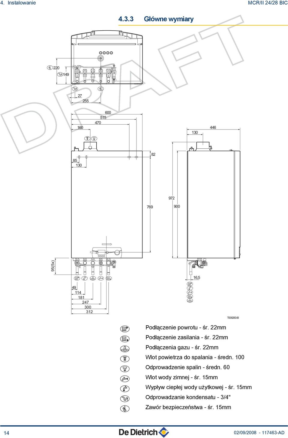 T000263-B Ù Podłączenie powrotu - śr. 22mm Podłączenie zasilania - śr. 22mm Podłączenia gazu - śr.