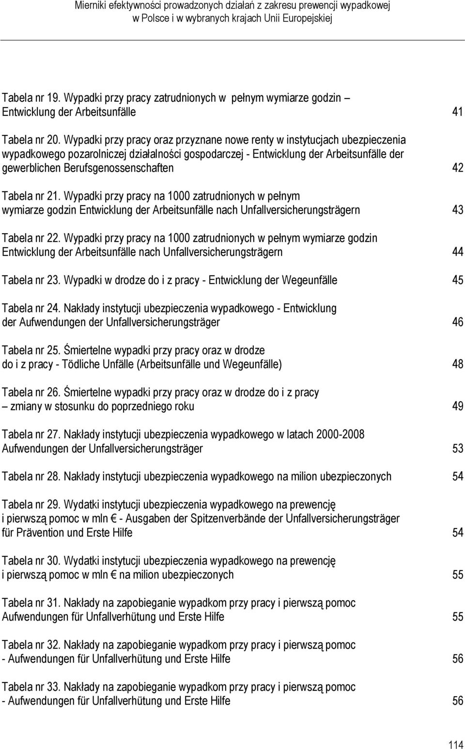 42 Tabela nr 21. Wypadki przy pracy na 1000 zatrudnionych w pełnym wymiarze godzin Entwicklung der Arbeitsunfälle nach Unfallversicherungsträgern 43 Tabela nr 22.