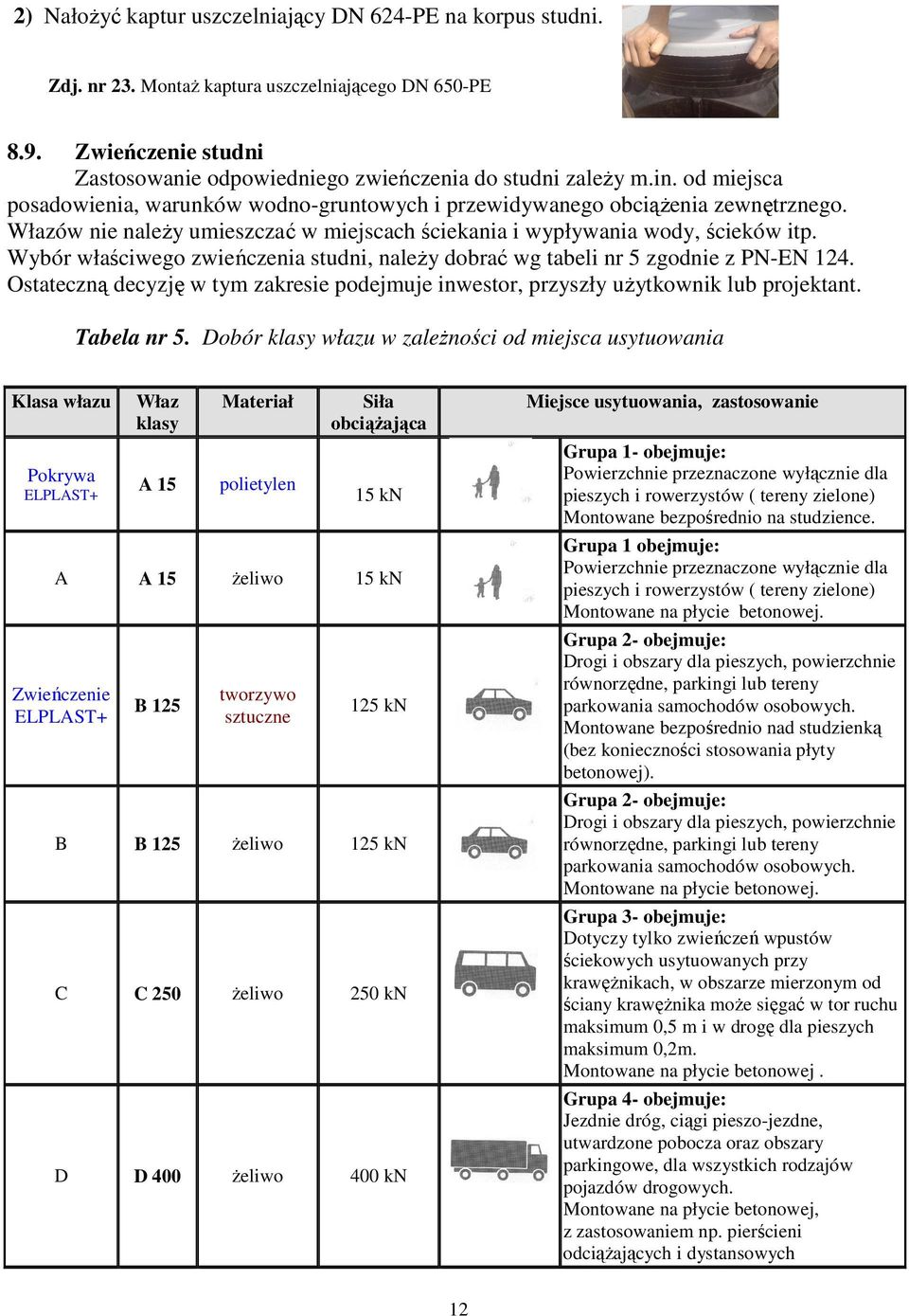 Wybór właściwego zwieńczenia studni, naleŝy dobrać wg tabeli nr 5 zgodnie z PN-EN 124. Ostateczną decyzję w tym zakresie podejmuje inwestor, przyszły uŝytkownik lub projektant. Tabela nr 5.