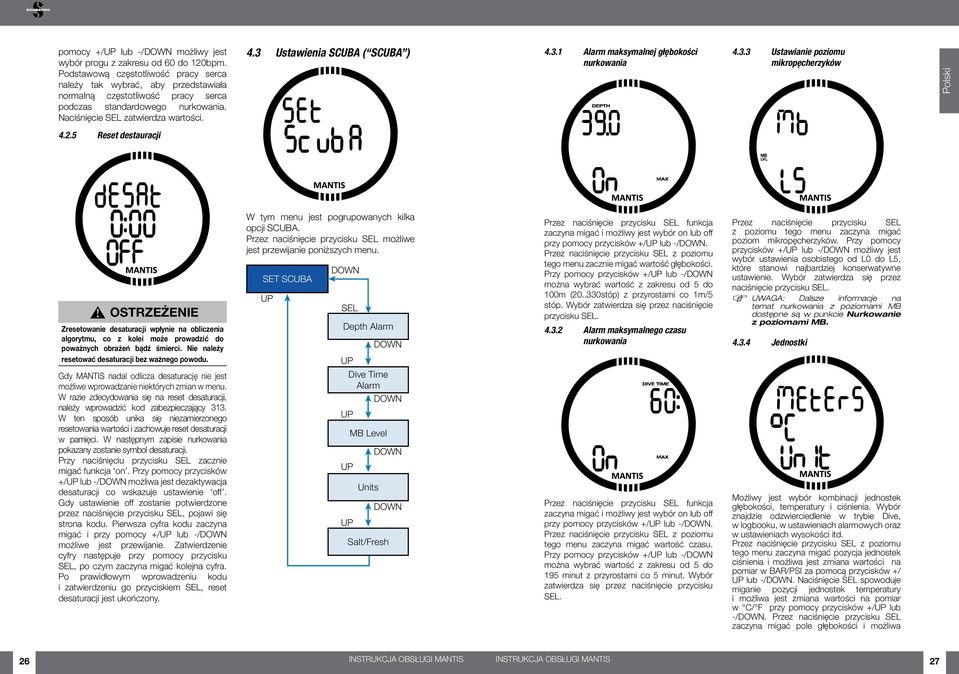 3 Ustawienia SCUBA ( SCUBA ) 4.3.1 Alarm maksymalnej głębokości nurkowania 4.3.3 Ustawianie poziomu mikropęcherzyków 4.2.