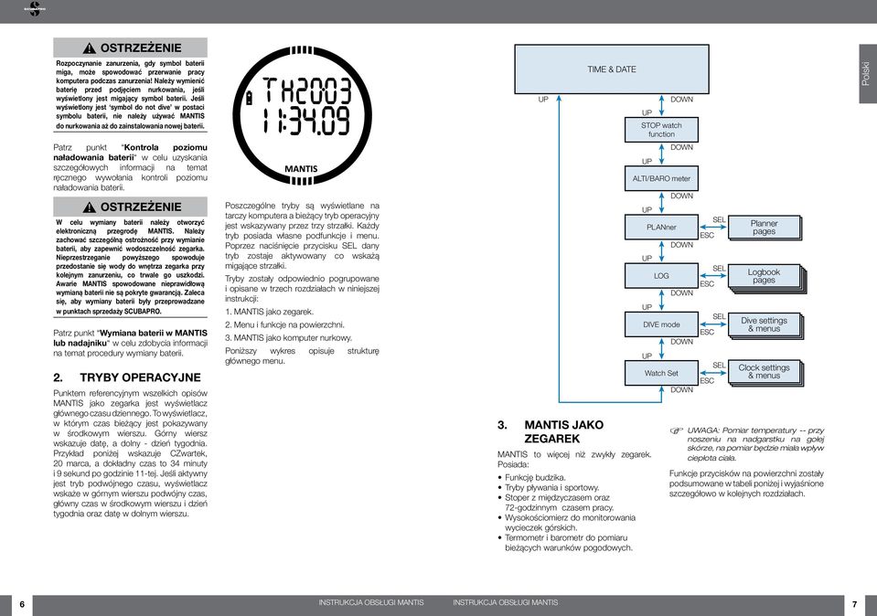 Jeśli wyświetlony jest symbol do not dive w postaci symbolu baterii, nie należy używać MANTIS do nurkowania aż do zainstalowania nowej baterii.