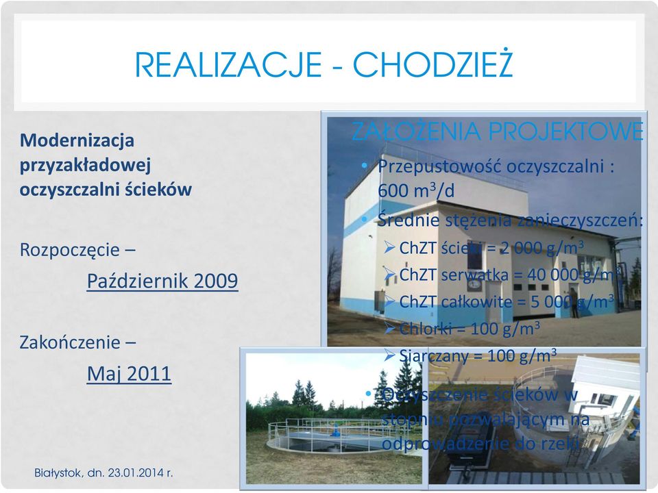 stężenia zanieczyszczeń: ChZT ścieki = 2 000 g/m 3 ChZT serwatka = 40 000 g/m 3 ChZT całkowite = 5 000