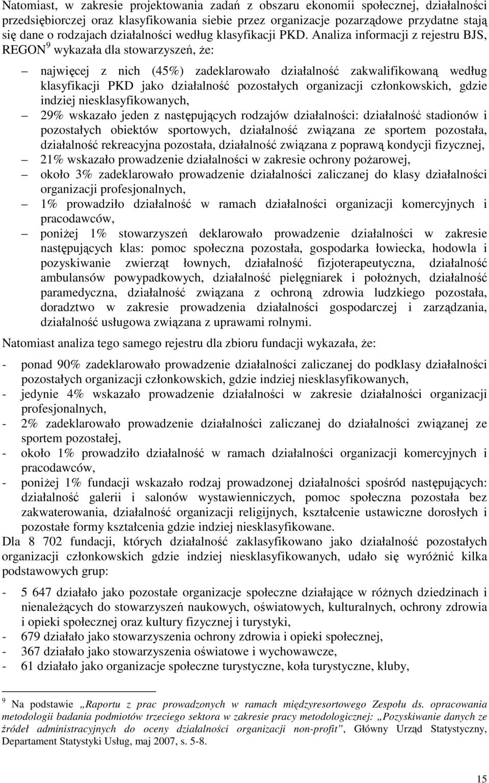 Analiza informacji z rejestru BJS, REGON 9 wykazała dla stowarzyszeń, Ŝe: najwięcej z nich (45%) zadeklarowało działalność zakwalifikowaną według klasyfikacji PKD jako działalność pozostałych