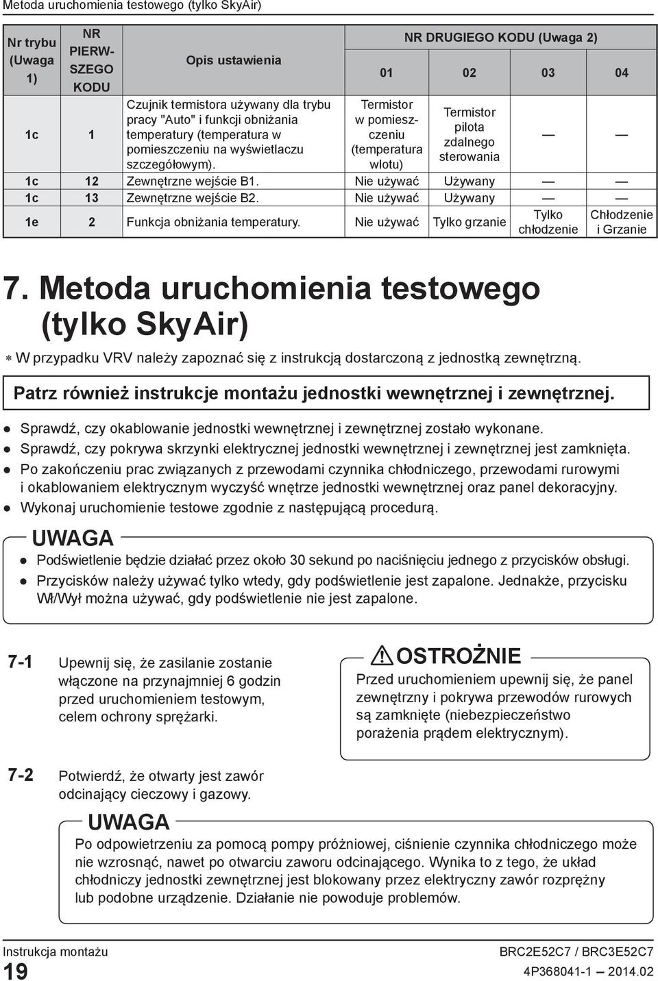 NR DRUGIEGO KODU (Uwaga 2) 01 02 03 04 Termistor w pomieszczeniu (temperatura wlotu) Termistor pilota zdalnego sterowania 1c 12 Zewnętrzne wejście B1. Nie używać Używany 1c 13 Zewnętrzne wejście B2.